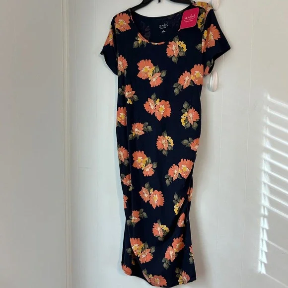 Isabel Maternity Navy Floral Side Ruched Scoop Neck T-Shirt Dress XL New - Picture 1 of 10